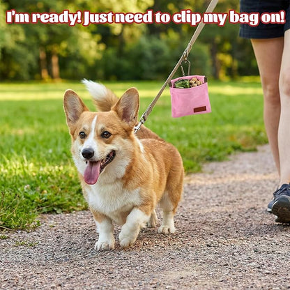 2 Pcs Dog Treat Pouch Hand Free Pet Training Pouch Canvas Training Bag with Carabiner Portable Pet Dog Walking BagSelf-Closing Pets Feed Snack Reward Behavior Aids for Puppy Travel Outdoor Pink Black
