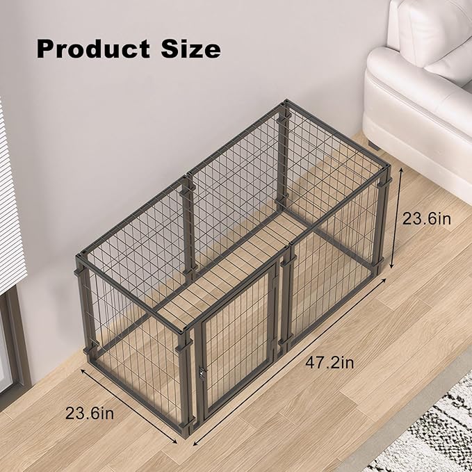 TERRUPEX47.2 Inch Dog Crate Playpen 2-in-1, Heavy Duty Metal Pet Kennel with Removable Tray & Anti-Rust Coating, Portable Dog Cage for Large Medium Dogs, Indoor Outdoor Home Travel Use
