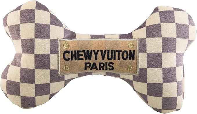 Haute Diggity Dog Chewy Vuiton Bone Plush Squeaky Dog Toy, Soft Durable Designer-Inspired Stuffed Puppy Chew Toys for Small, Medium & Large Dogs, Machine-Washable (Tan Checker) XL