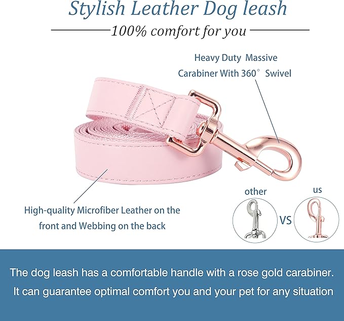 Dog Collar and Leash Set.Soft and Easy to Clean Vegan Leather with Rose Gold Metal Buckle for Small Medium Large Dogs (Pink, XS(8"-12"))