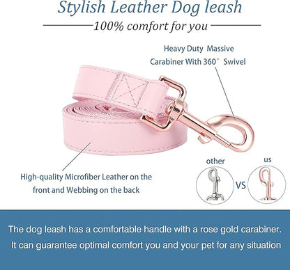 Dog Collar and Leash Set.Soft and Easy to Clean Vegan Leather with Rose Gold Metal Buckle for Small Medium Large Dogs (Pink, XS(8"-12"))