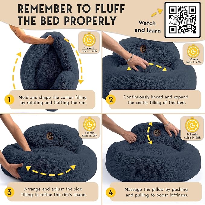 PetJett Small Dog Bed - 23'' Round Dog Beds, Calming Puppy Bed - Anti-Slip & Washable Super Soft Fluffy Plush Faux Fur Pet Bed, Anti-Anxiety Premium Comfort Donut Bed, Fits Dogs upto 25 lbs, Dark Gray