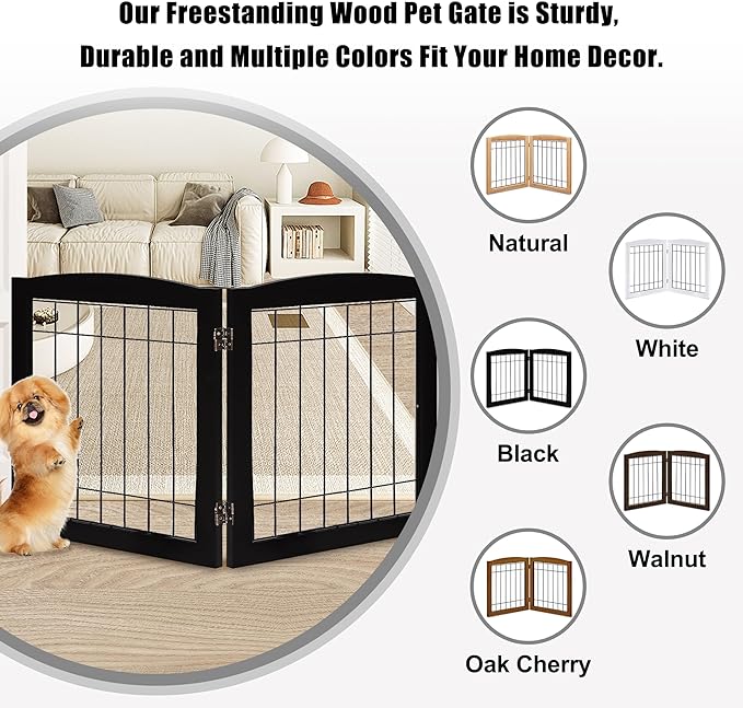 LZRS 2-Panel Freestanding Foldable Wood Dog Gate – Solid Wood & Steel Wire, Chew-Resistant Pet Barrier for Indoor Use, Ideal for Small to Medium Dogs, Black