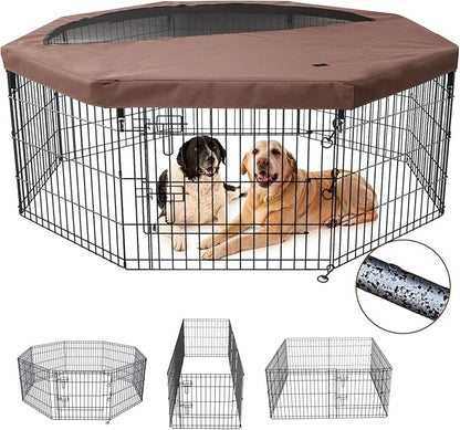 NEZUC Foldable Metal Dog Exercise Playpen Gate Fence Dog Crate 8 Panels 24 Inch Height Puppy Kennels with Top Cover/Bottom Pad for Animals Outdoor Indoor (Playpen+Top Cover, Brown, 36" H)