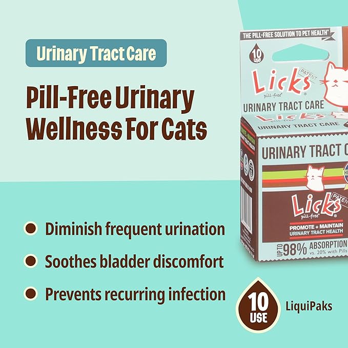 Licks Pill-Free Cat Urinary Tract Care - Cat UTI Care and Prevention Gel Packets - Urinary Tract Infection Supplement for Cats - Omega 3 Fish Oil and L-Lysine Supplement - Gel Packets - 10 Use
