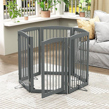 PUPETPO Freestanding Pet Gate with Door, Tall Dog Gate for House, Extra Wide, Pet Puppy Safety Fence, Support Feet Included, 120 Inch Wide, 6 Panels 32" Tall, Gray