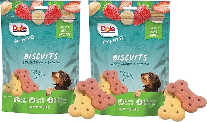 Dole for Pets Dog Biscuits Assorted Banana + Strawberry Mix, Real Fruit Flavor Vegan Crunchy Treats, No Wheat Corn Soy or Artificial Additives, Bite Size Training Snacks for Dogs, 7 Oz - 2 Pack
