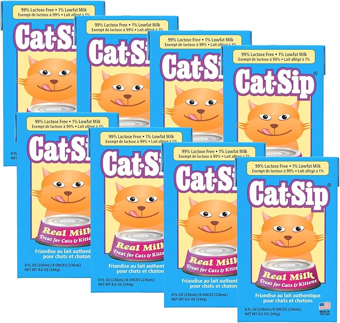 PetAg Cat-Sip Real Milk Treat - 8 oz, 8 Pack - Ready-to-Feed Snack for Cats & Kittens - Easy to Digest with 99% Lactose-Free, Low-Fat Grade A Milk - Encourages Hydration - Promotes Eye & Heart Health