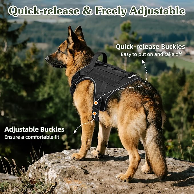 VavoPaw Heavy Duty Tactical Dog Harness for Large Dogs, No Pull Adjustable Pet Harness Reflective Service Training Easy Control Pet Vest Military K9 Working Dog Harnesses, Black, M