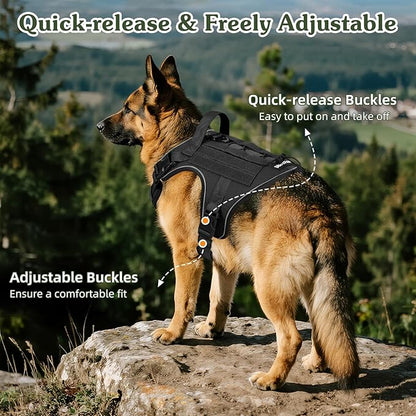 VavoPaw Heavy Duty Tactical Dog Harness for Large Dogs, No Pull Adjustable Pet Harness Reflective Service Training Easy Control Pet Vest Military K9 Working Dog Harnesses, Black, XL