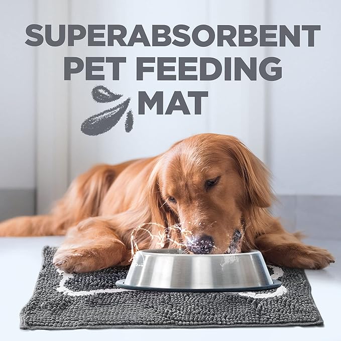 Soggy Doggy Slopmat Dog Food Mat – Absorbent Microfiber Chenille Pet Feeding Mat for Food & Water Bowls, Muddy Paws Small Doormat, Non-Slip, Machine Washable Rug – Gray/Light Gray Bone, 18” x 24”