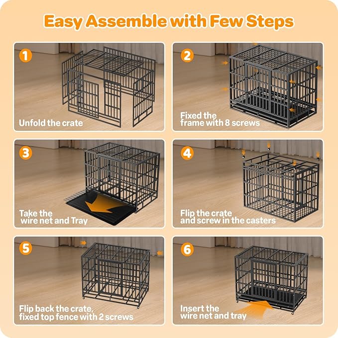 Hiwokk 78 Inch Heavy Duty Dog Crate, Indestructible Escape-Proof Dog Kennel for High Anxiety Large Dogs, Strong Metal Pet Cage with Double Doors, Lockable Wheels & Removable Tray, XL XXL XXXL