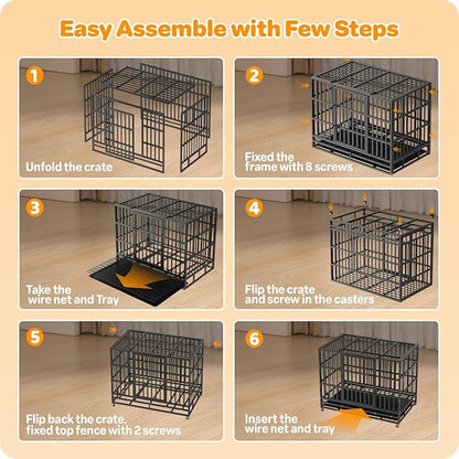 Hiwokk 78 Inch Heavy Duty Dog Crate, Indestructible Escape-Proof Dog Kennel for High Anxiety Large Dogs, Strong Metal Pet Cage with Double Doors, Lockable Wheels & Removable Tray, XL XXL XXXL