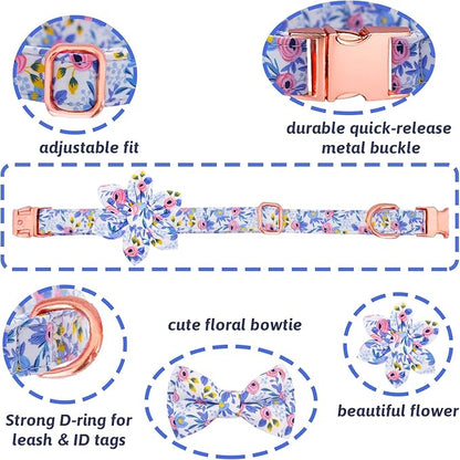 Dog Collar and Leash Set Girls Adjustable Puppy Collars with Floral Bow Tie for Small Medium Large Female Dogs, Blue Flower, M