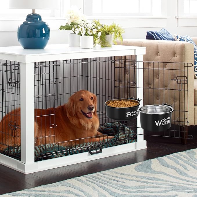 Crate Water Bowl No Spill for Large Dogs, Removable Stainless Steel Dog Bowls for Food and Water, Dog Kennel Hanging Wet and Dry Food Feeder for Medium/Large Pets, (7.1"x3.7" & 7.1"*2.6", Black)