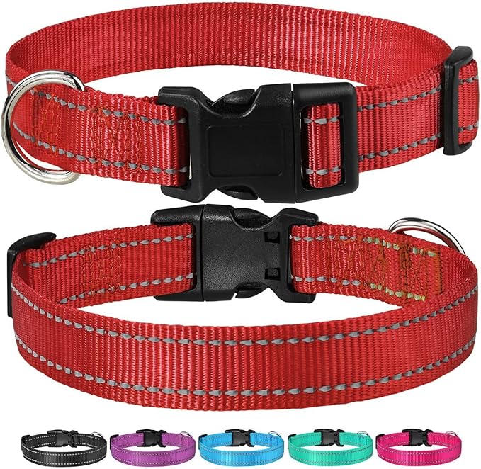 Reflective Dog Collar with Buckle Adjustable Safety Nylon Collars for Small Medium Large Dogs, Red XS