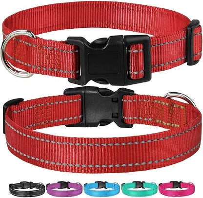 Reflective Dog Collar with Buckle Adjustable Safety Nylon Collars for Small Medium Large Dogs, Red XL