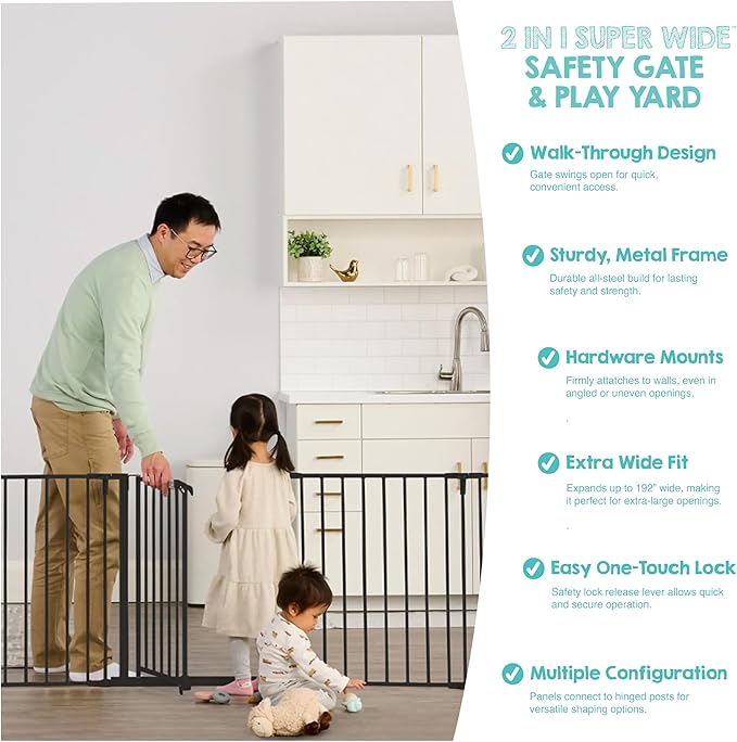 Regalo Safety 192" Super Wide Baby Gate & Play Yard, 2-in-1 Convertible Extra Wide Safety Barrier, Hardware Mounted for Toddlers & Pets, Tested & Safe for 30 Years, American Designed & Owned, Black