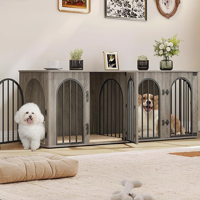 Hzuaneri 63" Dog Crate Furniture for 2 Dogs, Heavy Duty Indoor Dog Kennel TV Stand, L Wooden Dog Cage with Divider for Medium Large Dogs, End Table Dog Crate with Cushion, Greige Black DFC80905B