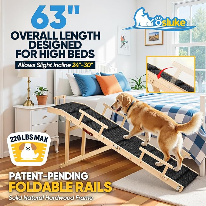 Dog Ramp for Bed with Rails, 64" Long Foldable Pet Ramp for Small Large Dogs, Dog Ramps for High Beds with Safety Side Railng, 6 Adjustable Heights 24" to 30" Up to 220LBS (Black, 63" X 17inch)