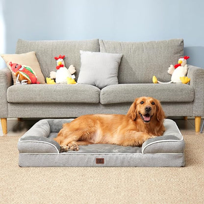 EHEYCIGA Orthopedic Dog Beds for Large Dogs, Waterproof Memory Foam Large Dog Bed with Sides, Non-Slip Bottom and Egg-Crate Foam Pet Couch Bed with Washable Removable Cover, Grey