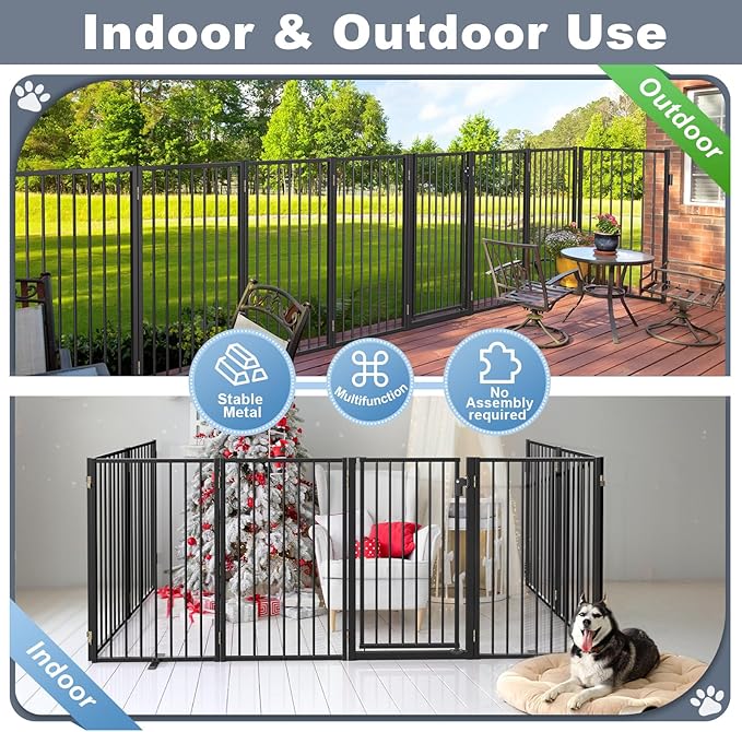 Metal Freestanding Dog Gates with Door for Outdoor Indoor,160'' Extra Wide 32'' Tall Free Standing Dog Gate for Doorways,Large Openings,Deck,Yard,Porch,Foldable Pet Fence(Black,8 Panels)