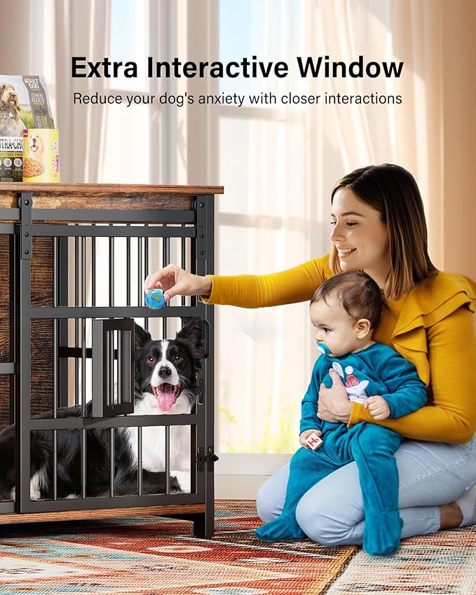 Dog Crate Furniture for Large Dogs: 39 Inch Heavy Duty Chewproof Wooden Kennel Furniture - Dog Cage Table for High Anxiety Dogs- 360° Adjustable Bowls Multi-Lock Sliding Door for Indoor