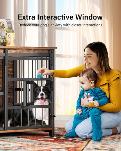Dog Crate Furniture for Large Dogs: 39 Inch Heavy Duty Chewproof Wooden Kennel Furniture - Dog Cage Table for High Anxiety Dogs- 360° Adjustable Bowls Multi-Lock Sliding Door for Indoor