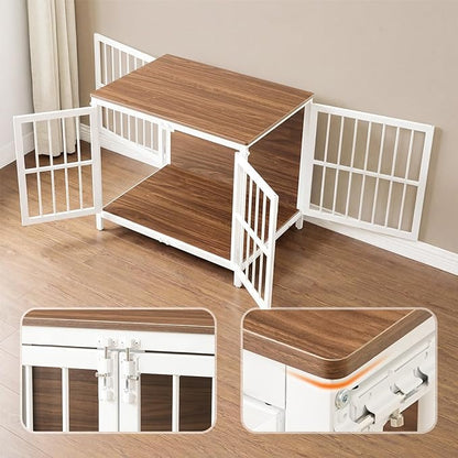HOOBRO Heavy Duty Dog Crate Furniture, 31.5" Wooden Indoor Kennel with 3 Doors, Chew Resistant Metal Cage for Small and Medium Breeds, Dog Crate Side Table, White and Walnut