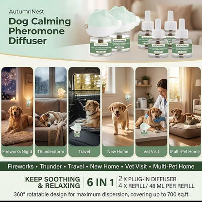 Dog Pheromone Diffuser Kit, Pet Diffuser for Stress Support, Reduces Stress and Promotes Relaxed Behavior, 2 Plug-in + 4 Packs Refill, 120 Day Supply (Non-Toxic, Safe & Inedible), Diffuser with Light