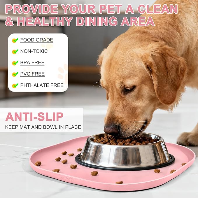 Smilool Small Silicone Pet Food Mat with Raised Edge for Food and Water Bowl, Square Dog Feeding Mats, Cat Food Trays for Floor Waterproof, Rubber Tray for Dogs and Cats, 12 x 12 x 0.7 Sakura Pink
