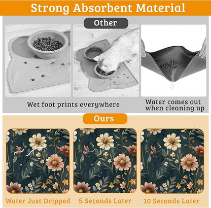 Dog Bowl Mat,Brown Flowers Pet Feeding Mat for Floors Waterproof,White Absorbent Dogs Placemat for Food and Water Quick Dry Pet Cat Feeding Mats with Non Slip Bottom 16" x 24"