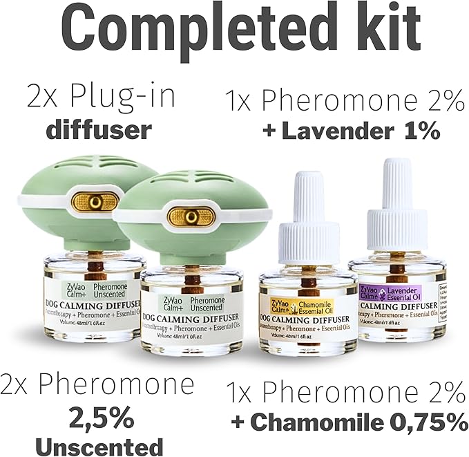 120 Days Advanced Dog Calming Diffuser Kit with Pheromones + Lavender & Chamomile for Anxiety Relief, Dog Pheromones Calming Diffuser Plug-in - 2 Diffusers & 4 Refills
