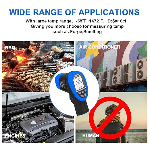 HOLDPEAK Infrared Thermometer D:S=16:1, Digital IR Thermometer 58℉~1472℉, Non-Contact High Laser Temp IR Tool for Cooking (NOT for Human) 985C