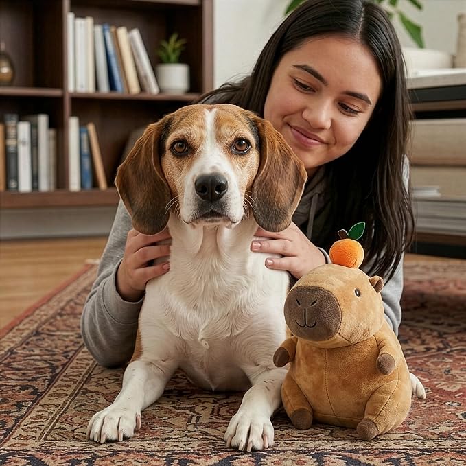 SPOT Capybara with Orange Plush Dog Toy, Soft Stuffed Squeaky & Crinkle Toy for Calm and Gentle Play, Adorable Capybara, for Light Chewers and Small Dogs, 8 Inch