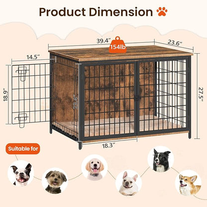 MAHANCRIS Dog Crate Furniture with Cushion, Wooden Dog Kennel with Double Doors, Heavy Duty Dog Cage for Small/Medium/Large Dogs, Indoor Dog House End Table, 39.4" L, Rustic Brown DCHR10701