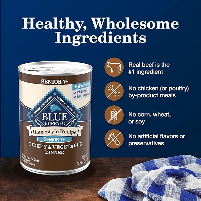 Blue Buffalo Homestyle Recipe Senior 7+ Turkey and Vegetable Dinner Wet Dog Food for Senior 7+ Dogs, Turkey Recipe, 12.5 oz. Can (Pack of 12)