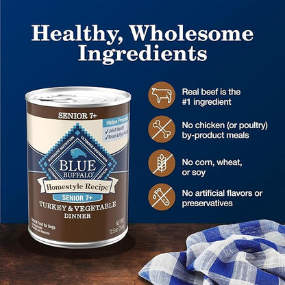 Blue Buffalo Homestyle Recipe Senior 7+ Turkey and Vegetable Dinner Wet Dog Food for Senior 7+ Dogs, Turkey Recipe, 12.5 oz. Can (Pack of 12)