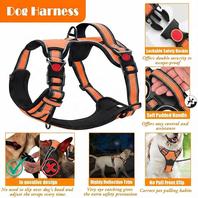 No Pull Dog Harness, Collar & Leash Set | Includes Dog Seat Belt, Collapsible Bowls & Poop Bag Dispenser. Ideal for Training, Walking, Hiking. Fits Small to Large Dogs(Orange-L)