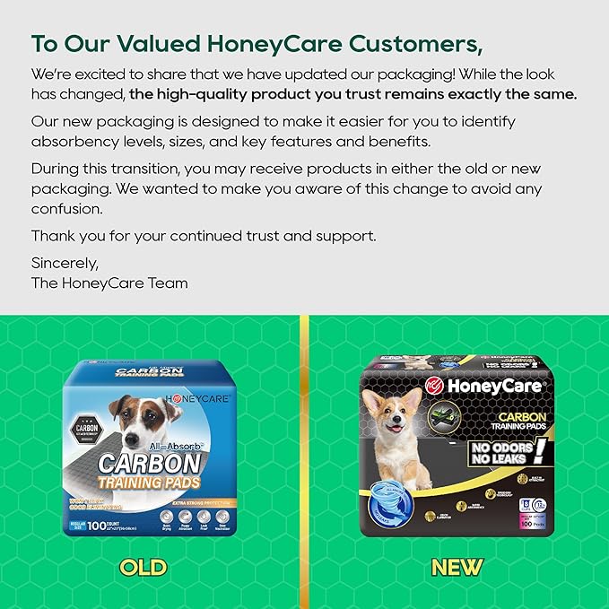 HONEY CARE All-Absorb Puppy Training Pads | Doggie Potty Pads Absorb Eliminating Urine Odor, Ultra Charcoal Dog Pee Pad (Carbon, L 22x23 inch, 100ct)