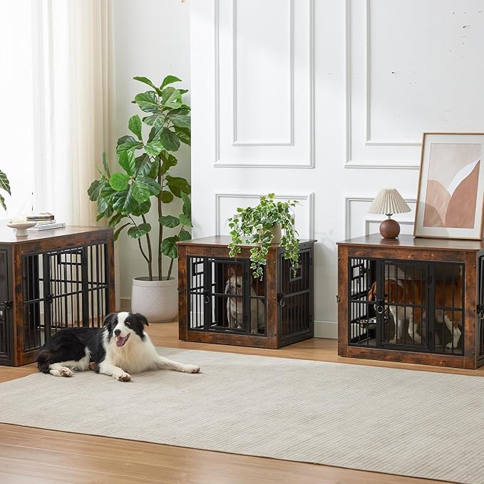 27 Inch Heavy Duty Dog Crate Furniture for Puppy/Small Dogs, Decorative Pet House End Table with 3 Doors, Wooden Cage Kennel Furniture Indoor, Rustic Brown - Without Bowls