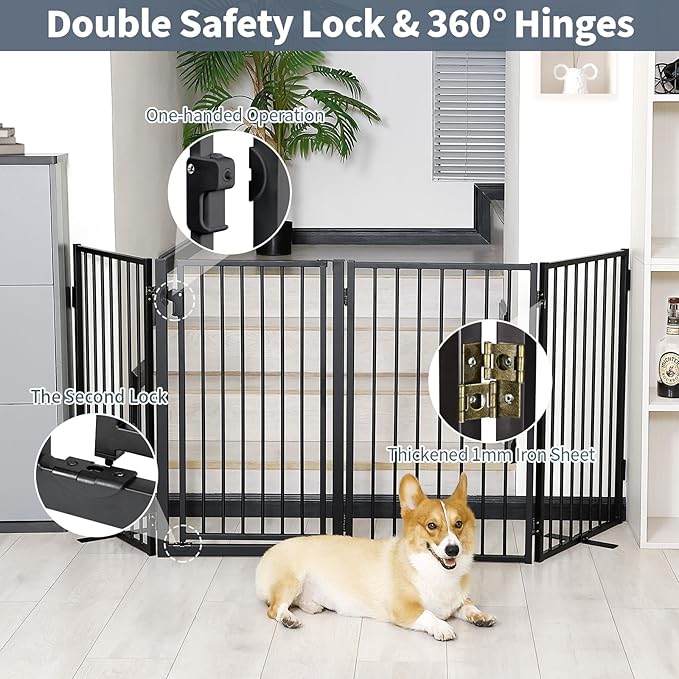 Metal Freestanding Dog Gates with Door for Outdoor Indoor,80'' Extra Wide Free Standing Dog Gate for Doorways,Large Openings,Deck,Yard,Porch,Foldable Safety Pet Fence(Black,4 Panels)