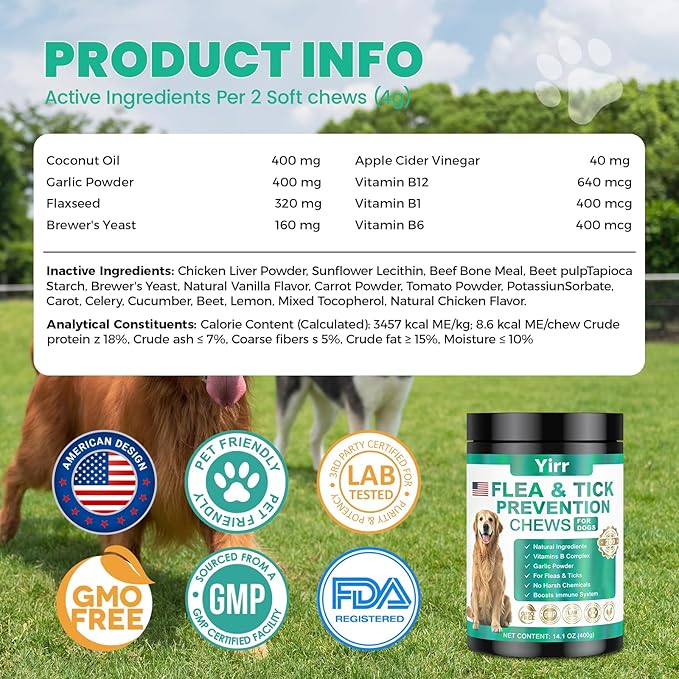 Flea and Tick Prevention for Dogs Chewable, 200 Natural Soft Chews Oral Flea and Tick Supplement for Dogs Puppies, All Breeds & Sizes - Chicken Flavor