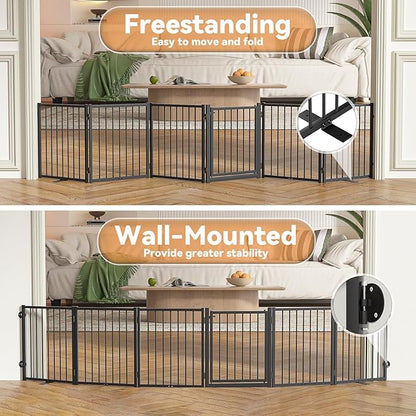 SNUOWU Full Metal Freestanding Dog Gate with Door, 24'' Height Foldable Pet Dog Fence for Indoor & Outdoor, 6 Panels Extra Wide Free Standing SmallDog Gates for Doorways,House,Stairs,Porch,Deck,Yard