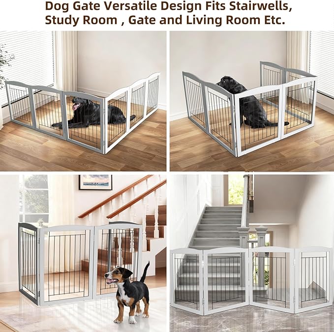 ZJSF Freestanding Foldable Dog Gate for House Extra Wide Wooden Grey Puppy Gate Stairs Dog Gates Doorways Tall Pet Gate 24" Height 6 Panels Pet Fence