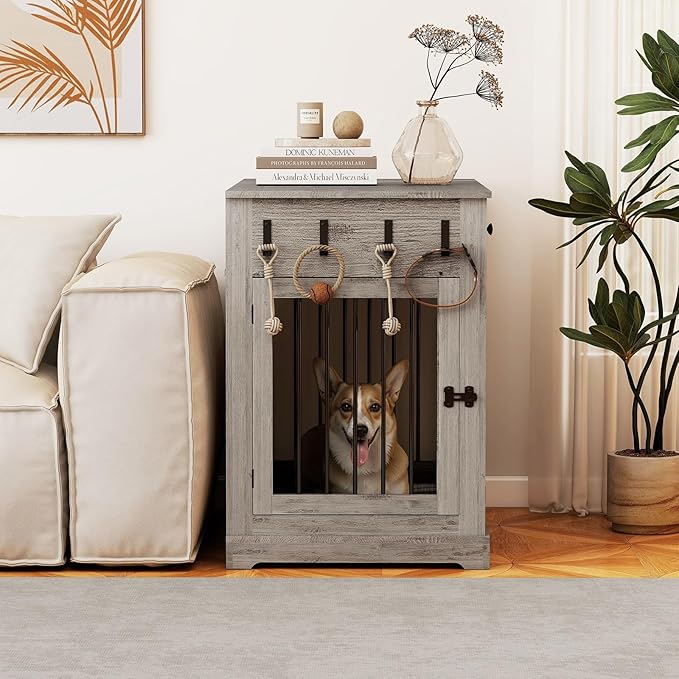 Dog Crate Furniture, Wooden Dog Kennel Furniture, Heavy-Duty Dog Crate End Table with Storage Drawers, Double Doors Decorative Pet Cage House Indoor for Small Medium Dog, 40Inch, Gray