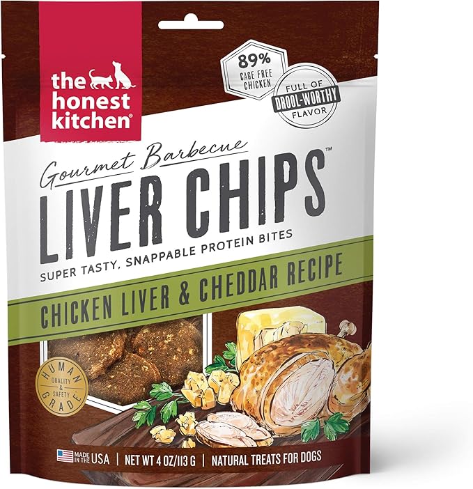 The Honest Kitchen Human Grade Dog Treats Gourmet Barbecue Liver Chips: Chicken Liver & Cheddar Recipe, 4 oz Bag
