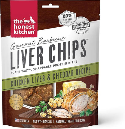 The Honest Kitchen Human Grade Dog Treats Gourmet Barbecue Liver Chips: Chicken Liver & Cheddar Recipe, 4 oz Bag