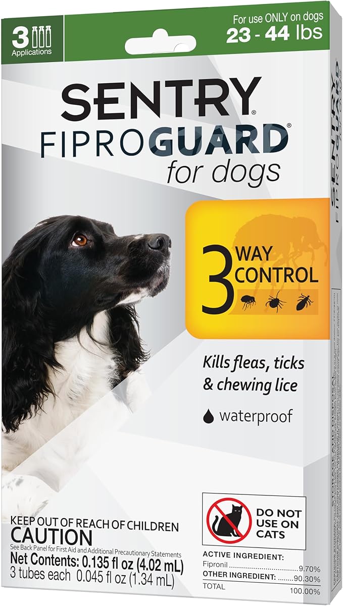 Sentry Fiproguard for Dogs, Flea and Tick Prevention for Dogs (23-44 Pounds), Includes 3 Month Supply of Topical Flea Treatments