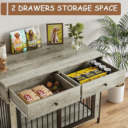 PUKAMI 44inch Large Dog Crate Furniture with Drawers, Wooden Dog Kennel Furniture for Indoor use, Grey End Table Dog House, for Small/Medium/Large Dog, 2-Pack Set